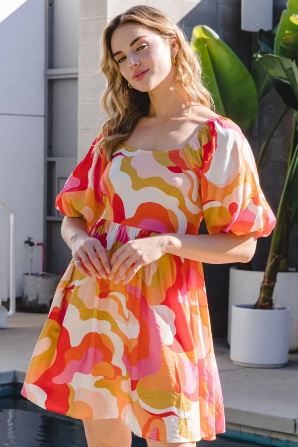 ODDI Full Size Printed Tied Back Short Sleeve Mini Dress - Love Salve